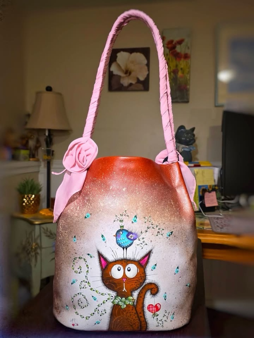 Whimsical Hand-Painted Leather Tote Bag Purse